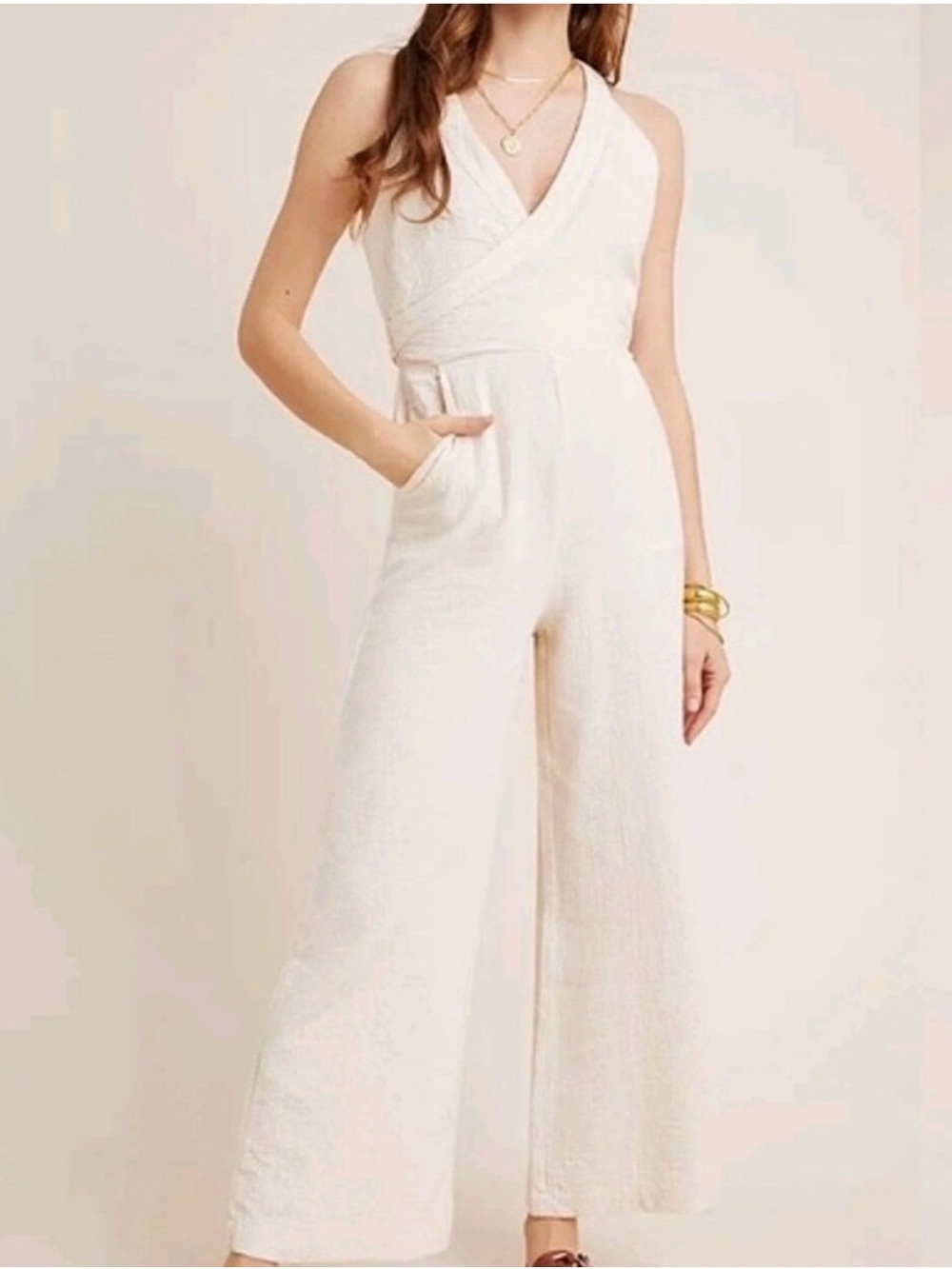 Anthropologie Demi Textured Jumpsuit In Cream, Size 14, UK 18